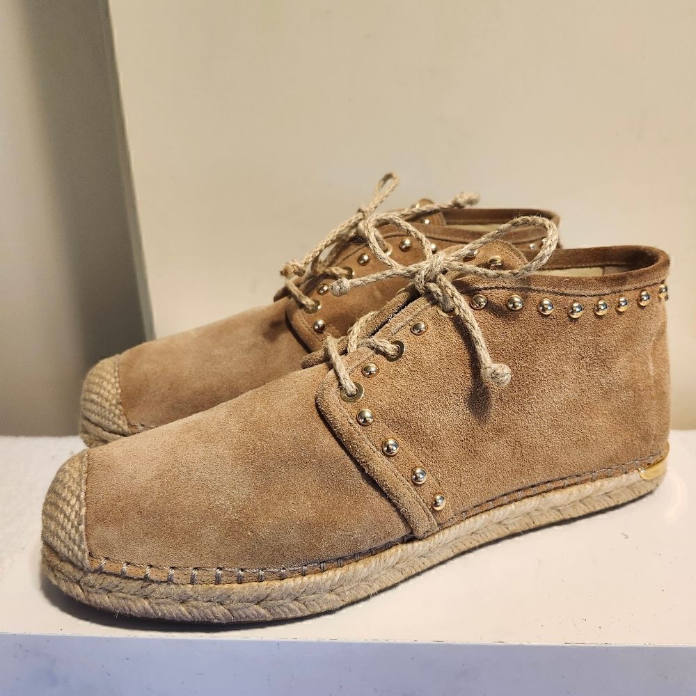 Stuart Weitzman Tan Suede Espadrille Sole Booties w/Gold Studs sz.8.5 MSRP $445